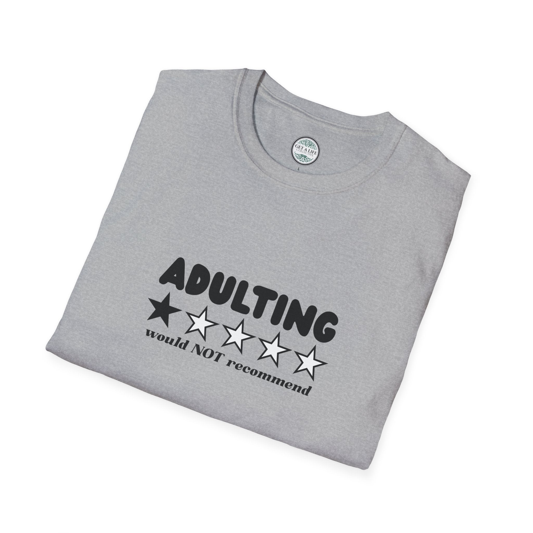Adulting 1-Star Review T-Shirt — "Adulting would NOT recommend" Funny Tee