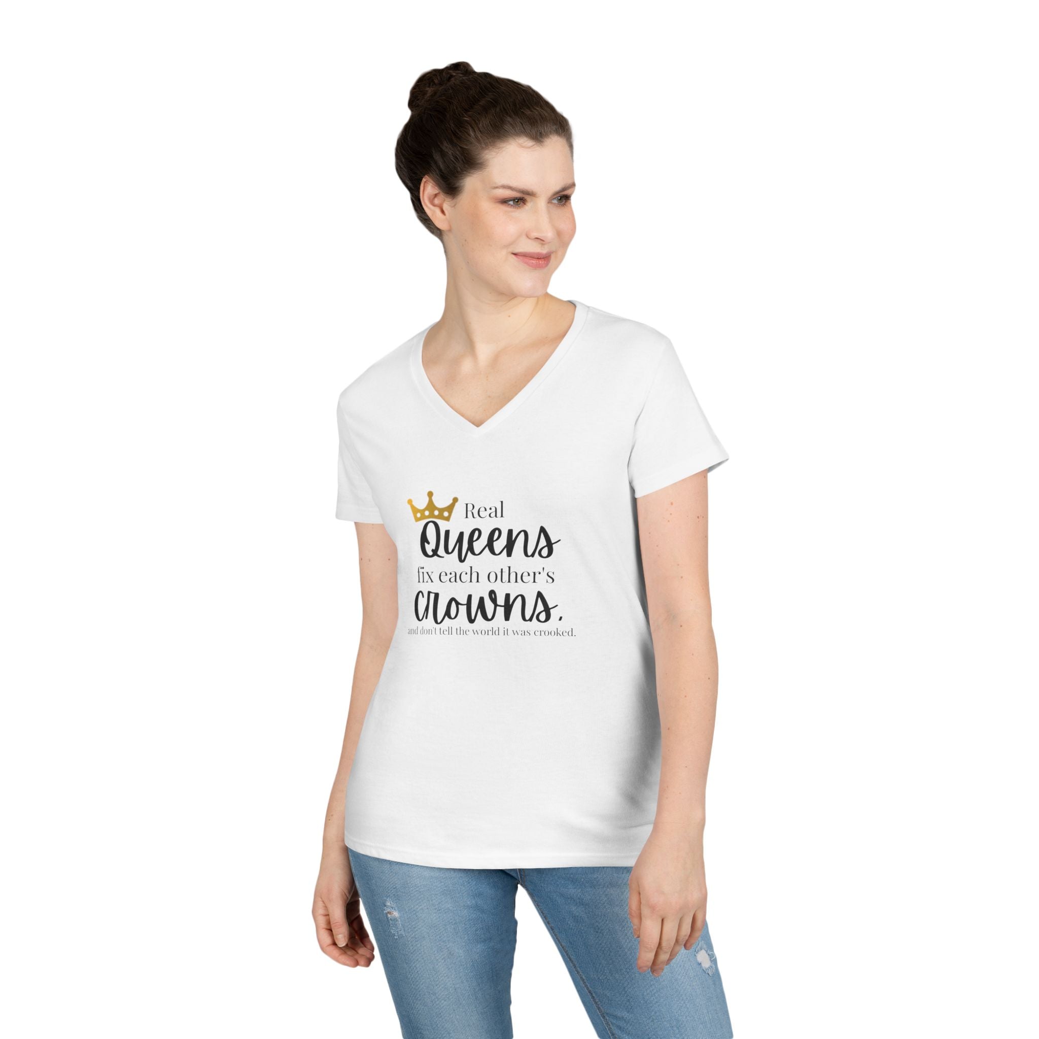 “Real Queens Fix Each Other’s Crowns” Inspirational Graphic Tee Ladies' V-Neck T-Shirt