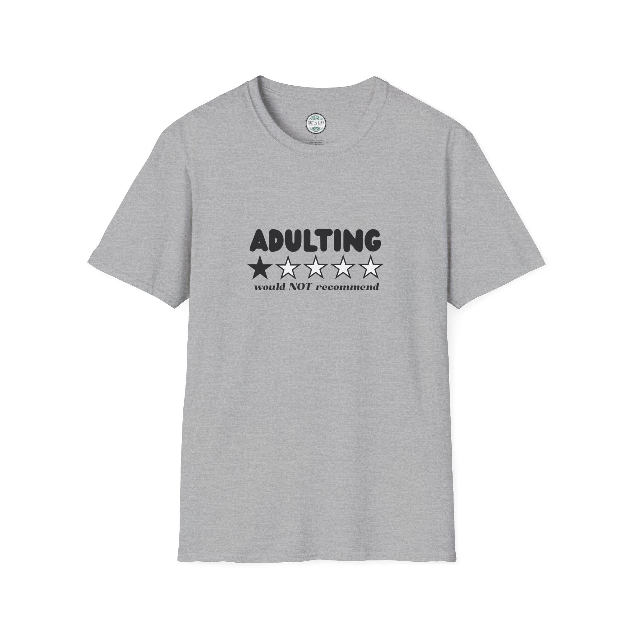 Adulting 1-Star Review T-Shirt — "Adulting would NOT recommend" Funny Tee